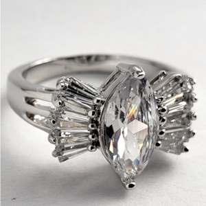 Marquise Cut CZ Center Stone Silver Tone Ring Size 5 Baguette Accent Stone